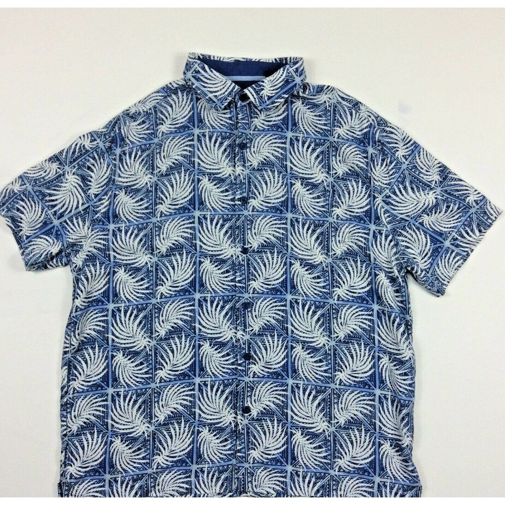 Nat Nast Mens Sz Large Button Up Camp Shirt Silk Cotton Blue White Short Sleeves